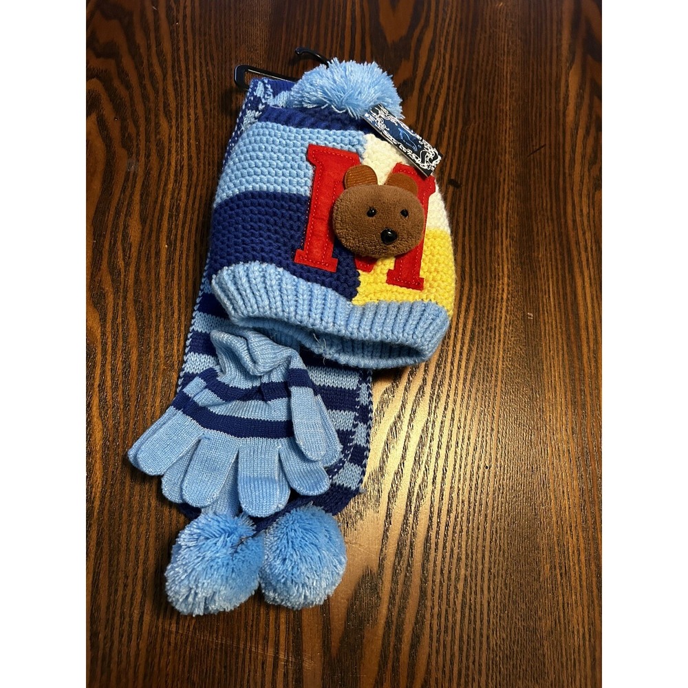 Hots-Wing Boy's Pom Pom Bear Winter Beanie Hat Scarf Gloves Set‎ NWT